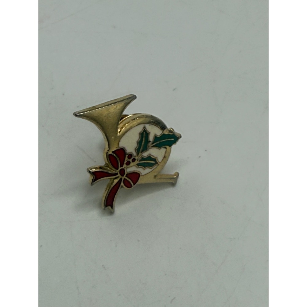 Vintage Christmas French Horn Lapel Pin Holly Leaf Red Bow Enamel Gold Tone